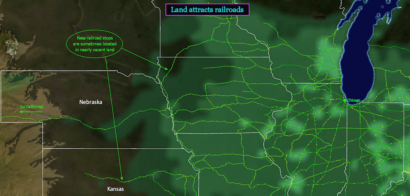 Railroads and land, 1870 map